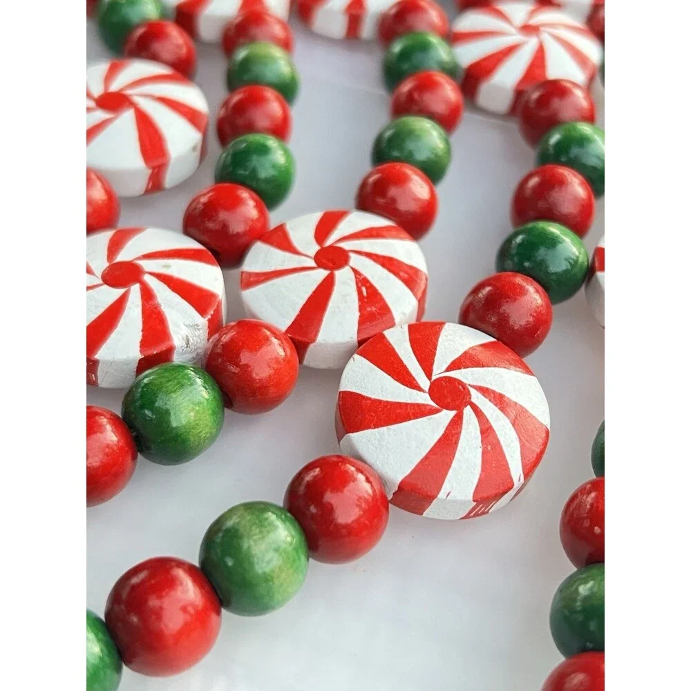 Vintage 8 Ft Wooden Christmas Garland Hand Painted Peppermint Candy Beads
